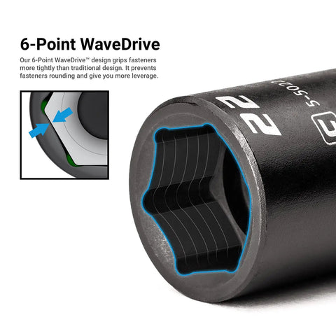 Close-up of Stubby Impact Socket Set Three Eighth Inch Drive Short Length For Tight Spaces, 6-point WaveDrive design detail.