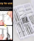 51 Piece Clevis Pins Assortment Kit With Zinc Plated Cotter Pins Includes 18 Sizes M5 M6 M8 M10 M12 Flat Head Single Hole Round Pins T Shape Design Great For Mechanical Repair Automotive And DIY Projects in transparent box with close-up inset of installation using pliers.