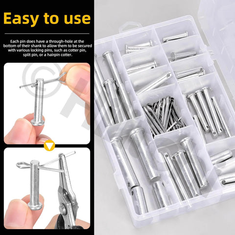 51 Piece Clevis Pins Assortment Kit With Zinc Plated Cotter Pins Includes 18 Sizes M5 M6 M8 M10 M12 Flat Head Single Hole Round Pins T Shape Design Great For Mechanical Repair Automotive And DIY Projects in transparent box with close-up inset of installation using pliers.