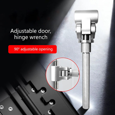 Hinge Repair Wrench For Wood And Metal Doors Quick Gap Sealing Tool No Destructive Install No Damage Hinge Fix tool shown with adjustable jaw in silver metal, next to hinge.