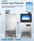 Two water inlet options on Beast Mode Ice Maker For Home Bar, 100 Lbs Per Day, Freestanding Or Undercounter, stainless steel.
