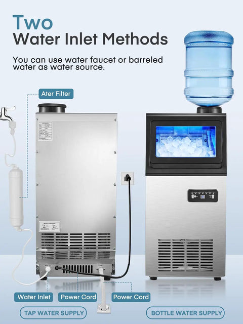 Two water inlet options on Beast Mode Ice Maker For Home Bar, 100 Lbs Per Day, Freestanding Or Undercounter, stainless steel.