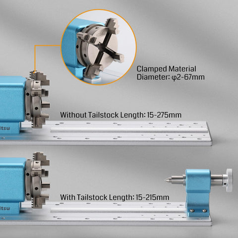 Rotary Module Kit For Prover XL 4030 V2 CNC Router With NEMA23 Planetary Gear Stepper Motor showing clamped range and length
