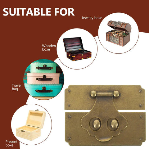 Vintage Brass Hasp Latch Buckle For Jewelry Boxes And Retro Wooden Cases displayed with suitable uses such as travel bags.