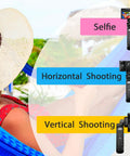 Vlogging Hand Grip Tripod With OLED Rechargeable Wireless Cam Remote showing selfie, horizontal, and vertical positions