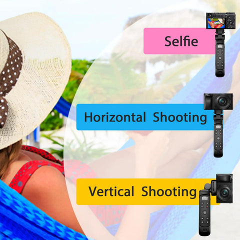 Vlogging Hand Grip Tripod With OLED Rechargeable Wireless Cam Remote showing selfie, horizontal, and vertical positions