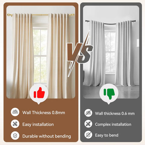 Comparison of two curtain installations, highlighting easy installation with the Gold Curtain Rod For Windows 28 To 48 Inch Five Eighths Inch Diameter Heavy Duty Splicing Adjustable Rod With Brackets Easy To Install For Bedroom Patio And Outdoor Use.