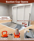 Slick Flush Floor Hatch Door For Basement Cellar Hidden Crawl Space Access Panel Locks Down Firm With Vinyl Tile Granite Or Wood Surfaces Heavy Duty Steel Plate 60X36 Inches demonstrating suction cup opening mechanism.