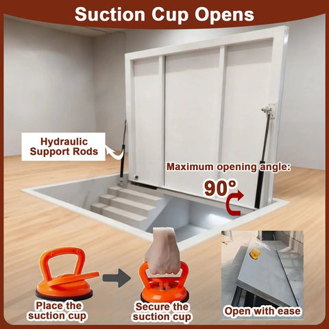 Slick Flush Floor Hatch Door For Basement Cellar Hidden Crawl Space Access Panel Locks Down Firm With Vinyl Tile Granite Or Wood Surfaces Heavy Duty Steel Plate 60X36 Inches demonstrating suction cup opening mechanism.
