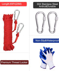 Image of 1000 Lb Double Sided Magnetic Fishing Magnet Kit With Rope For River Lake Beach Lawn Retrieval, Grab And Go Treasure Hunting And Item Recovery, 75mm Diameter (2.95 Inch), Heavy Duty Magnetic Fishing Tool showing a red rope, carabiners, gloves, and thread locker.