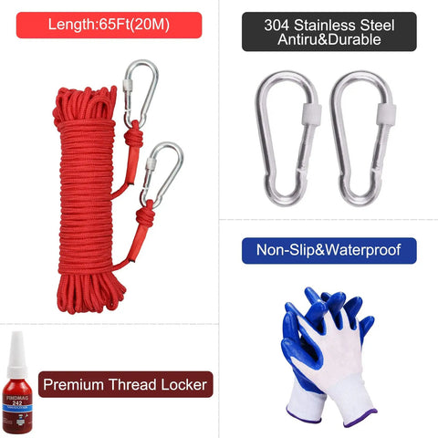 Image of 1000 Lb Double Sided Magnetic Fishing Magnet Kit With Rope For River Lake Beach Lawn Retrieval, Grab And Go Treasure Hunting And Item Recovery, 75mm Diameter (2.95 Inch), Heavy Duty Magnetic Fishing Tool showing a red rope, carabiners, gloves, and thread locker.