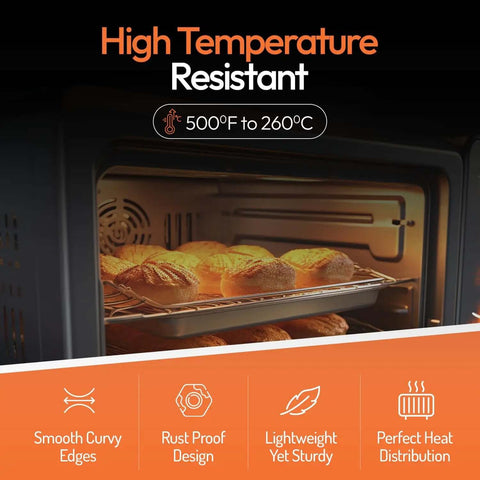 Full Size 18 By 26 Inch Aluminum Sheet Pan For Commercial Bakery in oven, baking rolls, highlighting high temperature resistance.