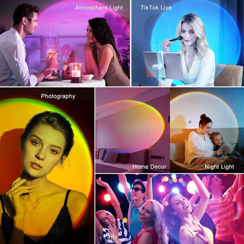 Collage of Dope Glow LED Light Projector for Aesthetic Room Vibe in various settings like TikTok Live, Photography, and Parties.
