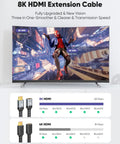 8K HDMI Extension Cable showcased on TV display, featuring performance specs for 8K@60Hz and 4K gaming for smooth visuals.