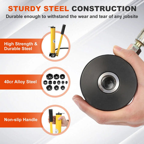 Beefy 15 Ton Hydraulic Knockout Punch Kit With Ten Dies And One Half Inch To Four Inch Conduit Hole Cutter Set, highlighting steel construction