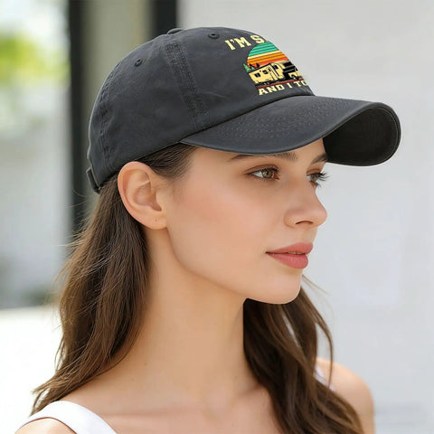 Woman wearing Funny Camping Hat For Men Road Trip Ready Cap With RV And Tow It Vibe Vintage Style Adjustable Strap