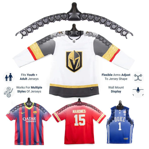 Jersey Display Hanger For Wall Adjustable Pivot Joint That Shapes To Fit Any Sport No Brainer One Pack Ideal For Hockey Basketball Baseball Football Soccer And More displayed with jerseys on hangers