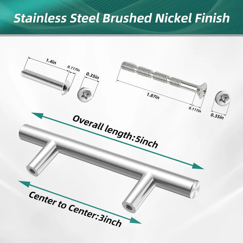 40 Pack Brushed Nickel Stainless Steel Kitchen Cabinet Handles Drawer Pulls, 5 Inch Length With 3 Inch Hole Center dimensions