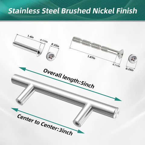 Diagram of 50 Pack Brushed Nickel Stainless Steel Kitchen Cabinet Handles And Drawer Pulls, 5 Inch Length, 3 Inch Hole Center, Sleek, Built To Last Cabinet Hardware For Kitchen Makeover, highlighting dimensions and brushed finish.