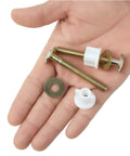Tough As Nails Toilet Seat Bolts And Nuts Kit Four Piece Heavy Duty Hinge Screws showing steel and plastic components in hand.