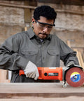 Worker using a Nonwoven Flap Wheel For Surface Conditioning 120 Grit Drum 120 X 100 X 19 Mm Heavy Duty Pro Grade on wood