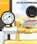 Front view of a 2-inch Meanlin air test pressure gauge mounted on brass piping with 3/4 FNPT connection.