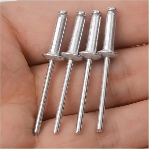 Pro Grade All Purpose Blind Rivets Kit With Dome Head Fasteners 120 Pcs Assortment held in hand, showing aluminum rivets up close.