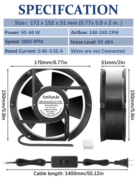 Beefy 110V 120V Axial Fan With Dual Ball Bearings And Switch For High Airflow 172Mm By 150Mm By 51Mm Exhaust dimensions and specifications