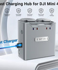 Two Way Battery Charger Hub For DJI Mini 4K And DJI Mini 2 Drones, Charges Two Batteries At Once, front view with USB port