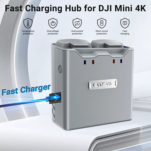 Two Way Battery Charger Hub For DJI Mini 4K And DJI Mini 2 Drones, Charges Two Batteries At Once, front view with USB port