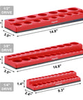 SAE And Metric Magnetic Socket Organizer Set For 1/4 3/8 And 1/2 Inch Drives Keeps 143 Shallow And Deep Sockets In A Blue Magnetic Holder For Quick Access And A Cleaner Tool Chest red SAE.