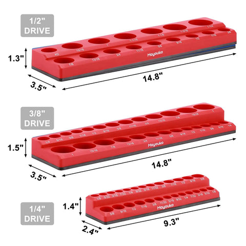 SAE And Metric Magnetic Socket Organizer Set For 1/4 3/8 And 1/2 Inch Drives Keeps 143 Shallow And Deep Sockets In A Blue Magnetic Holder For Quick Access And A Cleaner Tool Chest red SAE.