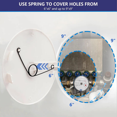 Quick Swap Ceiling Access Panel, Adjustable Six To Ten Inch Opening, Slick Drywall Hole Cover for Plumbing, HVAC, Electrical Wiring and Cable Runs, No Sweat Snap Fit Housing, showing 6x6 to 9x9 spring mechanism.
