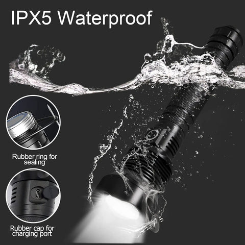 Rechargeable LED Flashlight 100000 Lumens Ultra Bright with Five Modes Waterproof Zoomable Beam with water resistance features.
