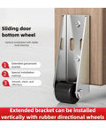 Close-up of sliding door bottom wheel with extended galvanized bracket, for No More Dragging Heavy Slides When Using Heavy Duty Universal Track Wheels And Silent Vertical Adjuster Lifter Casters For Slick Anti Sag Glide On Any Regular Sliding Door Setup.