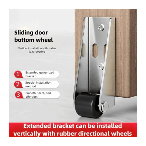 Close-up of sliding door bottom wheel with extended galvanized bracket, for No More Dragging Heavy Slides When Using Heavy Duty Universal Track Wheels And Silent Vertical Adjuster Lifter Casters For Slick Anti Sag Glide On Any Regular Sliding Door Setup.