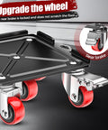 Close-up of heavy duty furniture dolly with 360 degree rotating wheels and brakes, 6.3 inch non slip sliders red.
