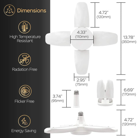 Dimensions diagram of 2 Pack Deformable Dimmable Ceiling LED Lights 60W 6000 Lumens Each with 4 leaf panels, screw-in base.