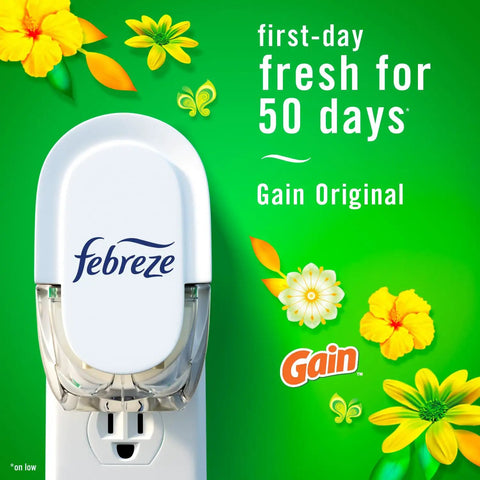 Plug In Air Freshener Starter Kit With Odor Fighting Scented Oils Warmer Plus Two Refills, Gain Original Scent package