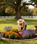 Woman wearing leather gardening work gloves for women with cowhide leather and double stitched seams in a flower garden