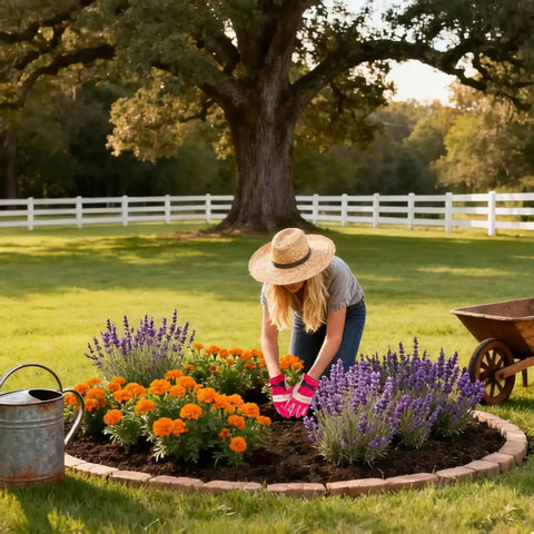 Woman wearing leather gardening work gloves for women with cowhide leather and double stitched seams in a flower garden
