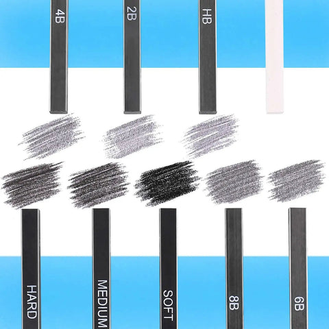 Compressed Graphite And Charcoal Sticks Set Of 18 for sketching, showing black and white charcoal, hard, medium, soft 8B 6B 4B 2B HB grades.