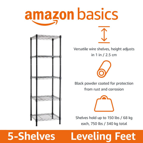 Heavy Duty Five Shelf Tower Adjustable Storage Rack For Tight Squeezes And Garages Rustproof Steel Organizer With Sturdy Levelers Solid Home Utility Shelf
