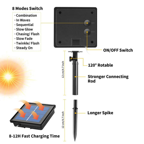 Solar Rope Lights Outdoor 72 Feet 200 LED Waterproof Copper Wire Fairy Lights eight mode switch and solar panel, warm white