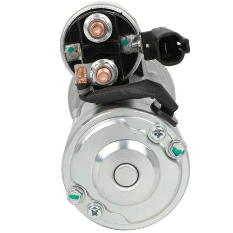 Rear view of Remanufactured 12V PMGR Starter Replacement For Infiniti QX4 3.3L 1997 1998 2000 And Nissan Pathfinder 3.3L 1996 2000 CW 1.4kW Direct Fit Plug And Play Ready To Install showing electrical terminals and housing