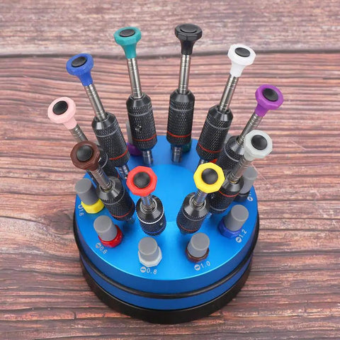 Precision Screwdriver Set For Electronics Repair With High Torque 10 Piece Professional Tool Kit arranged in rotating stand