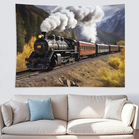 Steam Locomotive Train Wall Tapestry Poster Ultra Soft Polyester Backdrop For Bedroom Cozy Vibes Vintage Style Decor 60x80 Inches