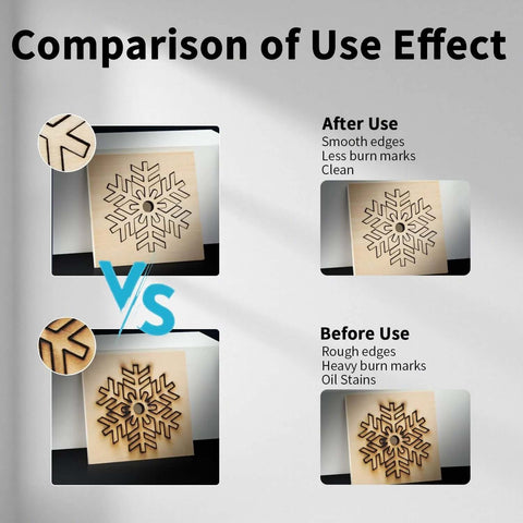 Infographic for Creality honeycomb laser bed; before/after use with wooden snowflake engraving.