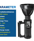Go To Beast Mode 100000 Lumen Spotlight Flashlight With Tripod IPX5 Waterproof Handheld Search Light shown with parameters