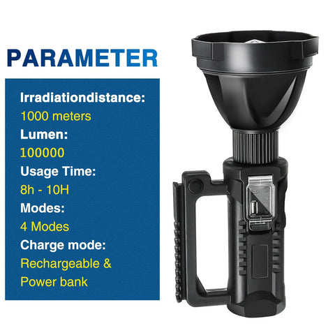 Go To Beast Mode 100000 Lumen Spotlight Flashlight With Tripod IPX5 Waterproof Handheld Search Light shown with parameters